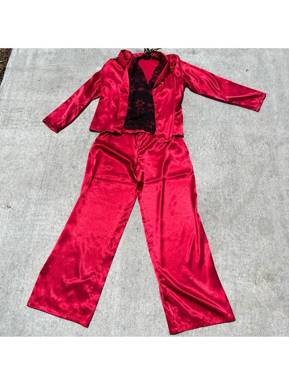 Vintage Fredericks Of Hollywood Satin Pajama Set Red Black Lace 3 Pc Sleepwear